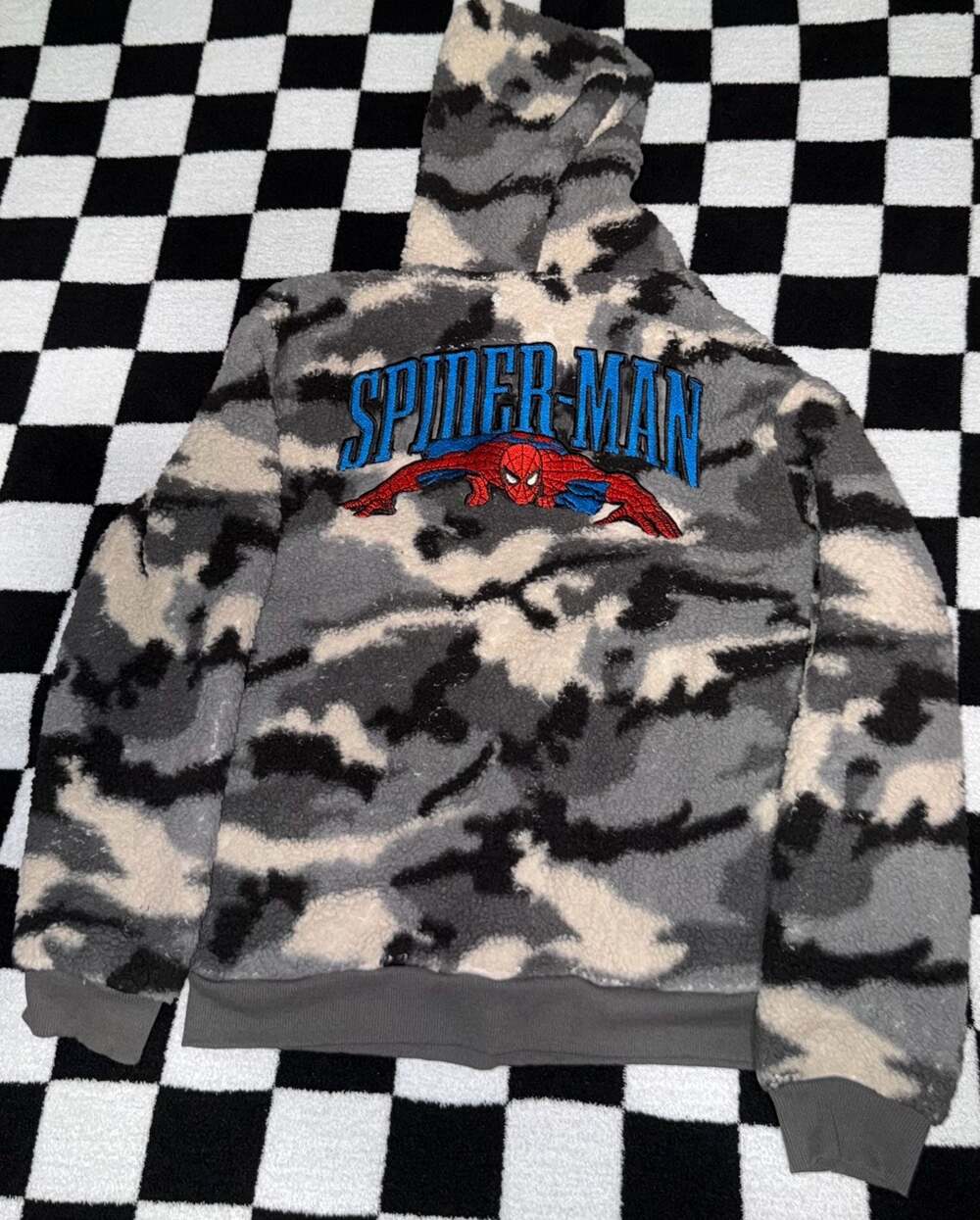 Marvel Spider-Man Gray Camo Faux Shearling 1/4 Zip Pullover Hoodie-kids Xl - Picture 2 of 5